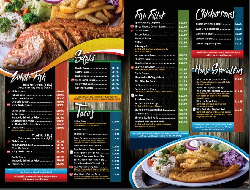 Printed seafood menu with shrimp section.